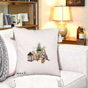 Perna Decorativa Gnom Scandinav cu Felinar, 40x40 cm, Bej cu Franjuri, Husa Detasabila, Perna Inclusa, BEKZ®