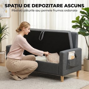 HOMCOM Canapea 2 Locuri din Țesătură Efect In cu 2 Perne Detașabile și Spațiu de Depozitare, Gri Închis | Aosom Romania