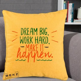 Perna Decorativa Dream Big Work Hard Mesaj Motivational, 40x40 cm, Galben, Husa Detasabila, Perna Inclusa, BEKZ®