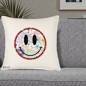 Perna Decorativa Smiley Face cu Artificii Multicolore, 40x40 cm, Crem Reliefat, Husa Detasabila, Perna Inclusa, BEKZ®