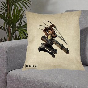 Perna Personalizata Attack on Titan Eren Yeager Lupta, 40x40 cm, Crem, Husa Detasabila, Perna Inclusa, BEKZ®