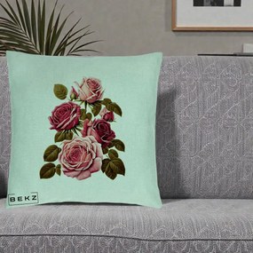 Perna Decorativa Trandafiri Vintage Roz-Rosii, 40x40 cm, Verde Menta, Husa Detasabila, Perna Inclusa, BEKZ®