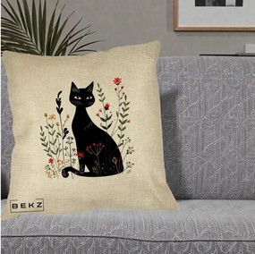 Perna Decorativa Pisica Neagra Botanica Rosu-Gri, 40x40 cm, Crem, Husa Detasabila, Perna Inclusa, BEKZ®