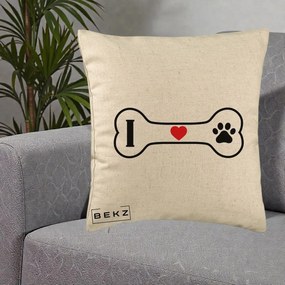 Perna Personalizata I Love Dog Os si Labuta, 40x40 cm, Bej, Husa Detasabila, Perna Inclusa, BEKZ®