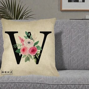Cadou Personalizat - Perna Personalizata Monograma Florala Litera W cu Trandafiri si Anemona, 40x40 cm, Crem, Husa Detasabila, Perna Inclusa, BEKZ®