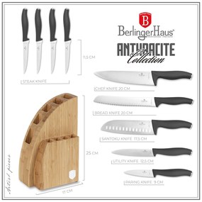 RESIGILAT - Set cutite 10 piese Antracite Berlinger Haus BH 2758, stativ lemn, gri