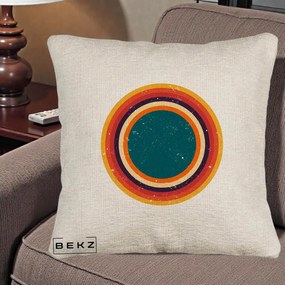 Perna Decorativa Retro Cerc Concentric Geometric Vintage, 40x40 cm, Bej Canapea, Husa Detasabila, Perna Inclusa, BEKZ®