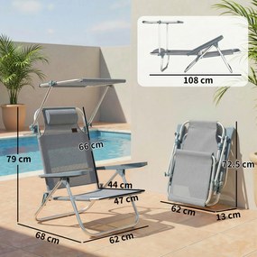 Outsunny Șezlong Reclinabil cu 6 Nivele, Copertină Reglabilă și Tetieră, din Aluminiu și Plasă, 62x68x79, Gri | Aosom Romania