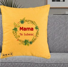 Cadou pentru Mama - Perna Personalizata Mama Te Iubesc Flori Albastre, 40x40 cm, Galben, Husa Detasabila, Perna Inclusa, BEKZ®