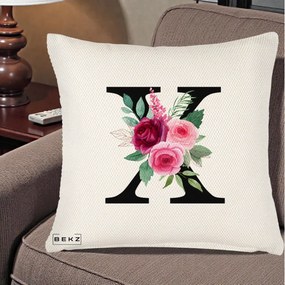 Cadou Personalizat - Perna Personalizata Monograma Florala Litera X cu Buchet, 40x40 cm, Crem Reliefat, Husa Detasabila, Perna Inclusa, BEKZ®