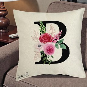 Cadou Personalizat - Perna Personalizata Monograma Florala Litera B, 40x40 cm, Ecru, Husa Detasabila, Perna Inclusa, BEKZ®