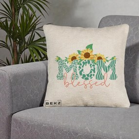 Cadou pentru Mama - Perna Personalizata Mom Blessed cu Floarea Soarelui Animal Print Teal, 40x40 cm, Bej Canapea, Husa Detasabila, Perna Inclusa, BEKZ®