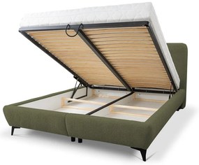 Pat matrimonial verde tapițat cu spațiu de depozitare cu somieră 140x200 cm Makapu – Makamii