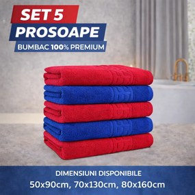 Set 5 Prosoape Baie Premium, 100% Bumbac, Absorbante și Pufoase, Albastru/Roșu
