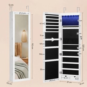 Dulap pentru bijuterii montat pe perete cu oglindă JEWELIA, cu iluminare LED, 10x37x120 cm, alb SongmicsHome
