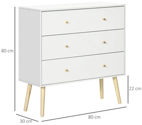 Comoda cu 3 sertare cu manere din PAL si lemn de pin pentru camera de zi si dormitor, 80x30x80 cm, alb HOMCOM | Aosom Romania