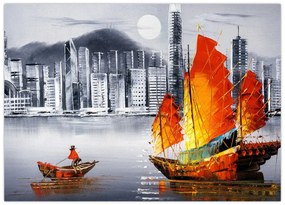 Tablou pe sticlă - Victoria Harbour, Hong Kong, pictură în ulei alb- negru (70x50 cm)