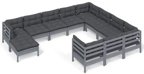 3097045 vidaXL Set mobilier grădină cu perne, 11 piese, gri, lemn de pin