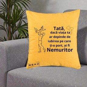 Cadou pentru Tata - Perna Personalizata Tata Nemuritor Joaca in Aer, 40x40 cm, Galben, Husa Detasabila, Perna Inclusa, BEKZ®