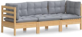 vidaXL Canapea de grădină cu 3 locuri, cu perne gri, lemn masiv pin