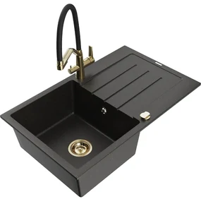 Mexen Bruno chiuvetă de bucătărie granit 1-cameră cu scurgător și baterie Duo, negru/auriu metalic - 6513-75-671701-57-G