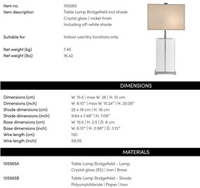 Veioza, lampa de masa, finisaj nickel, corp din sticla, H-49cm, Bridgefield Crystal 105565 HZ