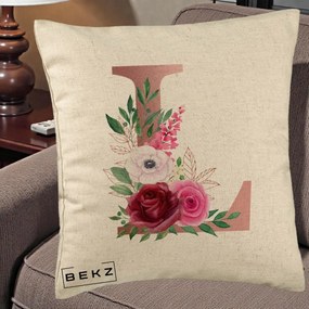 Cadou Personalizat - Perna Personalizata Monograma Rose Gold Litera L, 40x40 cm, Bej, Husa Detasabila, Perna Inclusa, BEKZ®