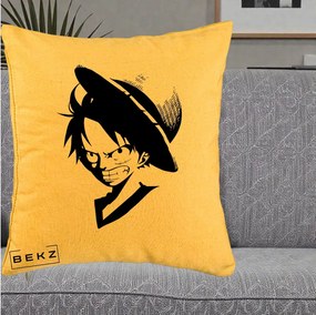 Perna Personalizata One Piece Luffy Silueta Alb-Negru, 40x40 cm, Galben, Husa Detasabila, Perna Inclusa, BEKZ®