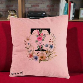 Cadou Personalizat - Perna Personalizata Monogram Litera T cu Flori Acuarela, 40x40 cm, Roz, Husa Detasabila, Perna Inclusa, BEKZ®