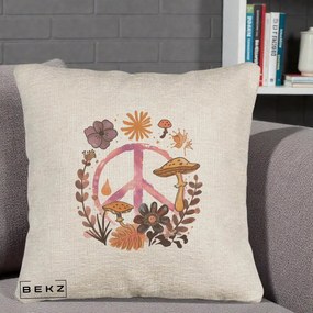 Perna Decorativa Peace Ciuperci Boho, 40x40 cm, Bej Canapea, Husa Detasabila, Perna Inclusa, BEKZ®