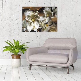 Tablou pe sticlă - Flori de orhidee pe fundal de marmură (70x50 cm)