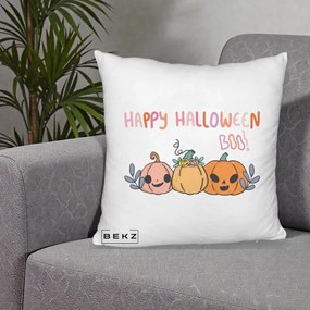 Perna Decorativa Happy Halloween Boo Trei Dovlecei Kawaii, 40x40 cm, Alb Pufos, Husa Detasabila, Perna Inclusa, BEKZ®