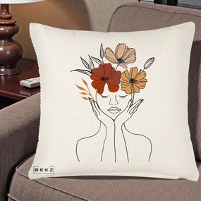 Perna Decorativa Portret Feminin Coroana Trei Flori, 40x40 cm, Crem Reliefat, Husa Detasabila, Perna Inclusa, BEKZ®