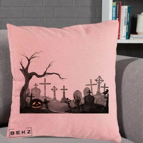 Perna Decorativa Halloween Cimitir Acuarela cu Dovleac, 40x40 cm, Roz, Husa Detasabila, Perna Inclusa, BEKZ®