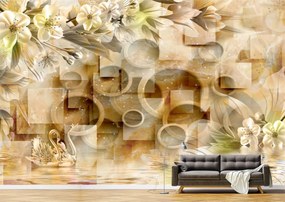 Tapet Premium Canvas - Lebede din portelan flori si cercuri 3d abstract