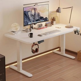 Birou reglabil în înălțime, două motoare electrice ridicare, suport caști, suport pahar, 140x60 cm, Alb