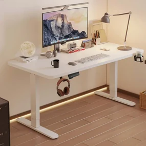 Birou reglabil în înălțime, două motoare electrice ridicare, suport caști, suport pahar, 140x60 cm, Alb