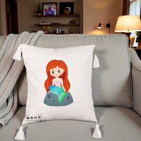 Perna Personalizata Sirena Kawaii Roscat, 40x40 cm, Bej cu Franjuri, Husa Detasabila, Perna Inclusa, BEKZ®