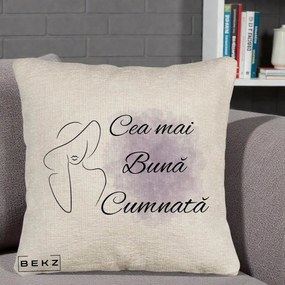 Cadou pentru Cumnata - Perna Personalizata Cea mai Buna Cumnata cu Silueta Dama si Pete Violet, 40x40 cm, Bej Canapea, Husa Detasabila, Perna Inclusa, BEKZ®