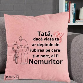 Cadou pentru Tata - Perna Personalizata Tata Nemuritor Bicicleta, 40x40 cm, Roz, Husa Detasabila, Perna Inclusa, BEKZ®