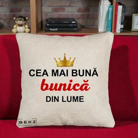 Cadou pentru Bunica - Perna Personalizata Cea Mai Buna Bunica Din Lume Coroana Aurie, 40x40 cm, Bej Canapea, Husa Detasabila, Perna Inclusa, BEKZ®