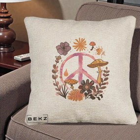 Perna Decorativa Peace Ciuperci Boho, 40x40 cm, Bej Canapea, Husa Detasabila, Perna Inclusa, BEKZ®