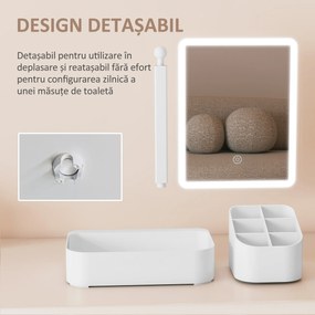 HOMCOM Oglindă Machiaj cu LED-uri, Oglindă Vanity Reîncărcabilă cu Ecran Touch, 2 Moduri de Iluminare și Rotire 180°, Alb | Aosom Romania