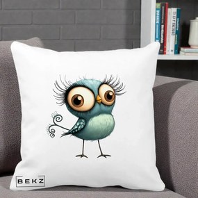 Perna Decorativa Pasare Teal cu Gene si Coada Spiralata, 40x40 cm, Alba Mata, Husa Detasabila, Perna Inclusa, BEKZ®