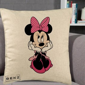 Perna Personalizata Minnie Mouse cu Fundita, 40x40 cm, Bej, Husa Detasabila, Perna Inclusa, BEKZ®