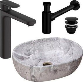 Pachet lavoar pe blat Rea Lara Stone gri 48.5 cm, baterie lavoar Hansgrohe Vernis Blend negru si ventil lavoar Click-Clack negru