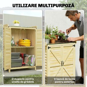 Outsunny Căsuță de Grădină din Lemn de Molid cu Rafturi și Cârlige Laterale, Dulap de Grădină cu Uși Duble și Blat de Lucru din Metal Zincat pentru Terasă, 71,5x39x95cm, Naturală | Aosom Romania