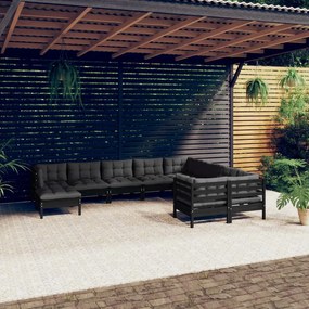 3097035 vidaXL Set mobilier grădină cu perne, 10 piese, negru, lemn de pin