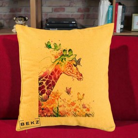 Perna Decorativa Girafa Curcubeu Acuarela, 40x40 cm, Galben, Husa Detasabila, Perna Inclusa, BEKZ®