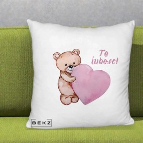 Cadou Romantic - Perna Personalizata Te Iubesc Ursulet cu Inima Roz Acuarela, 40x40 cm, Alb Pufos, Husa Detasabila, Perna Inclusa, BEKZ®